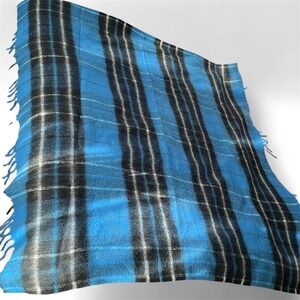 Fieldcrest 60s Acrylic tartan Plaid Blanket blue black‎ Fringe Throw 52"